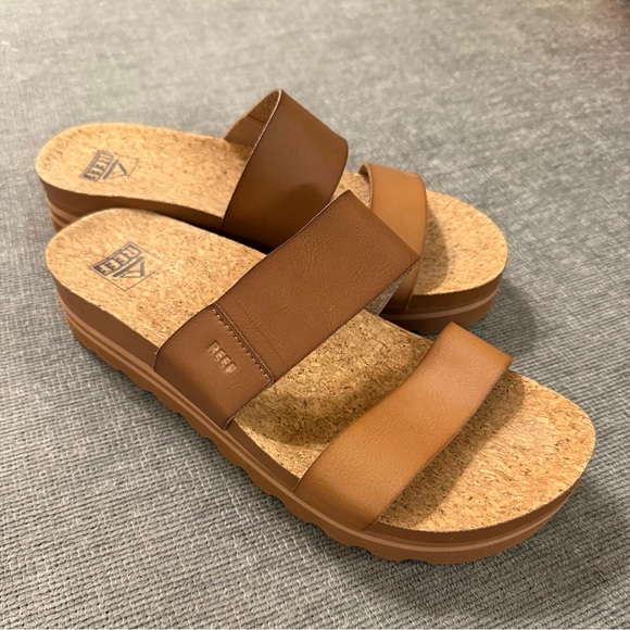 Reef Cushion Bounce Vista Hi Slide Sandals Platform Two Strap Brown Leather - Picture 8 of 12